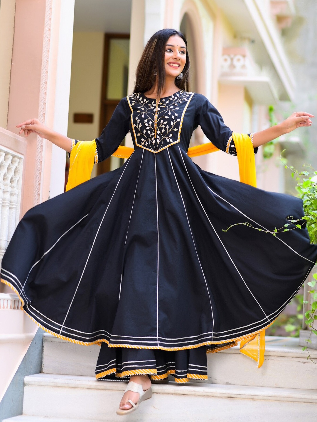 

Hatheli Embroidered Gotta Patti Panelled Pure Cotton Kurta with Palazzos & Dupatta, Navy blue