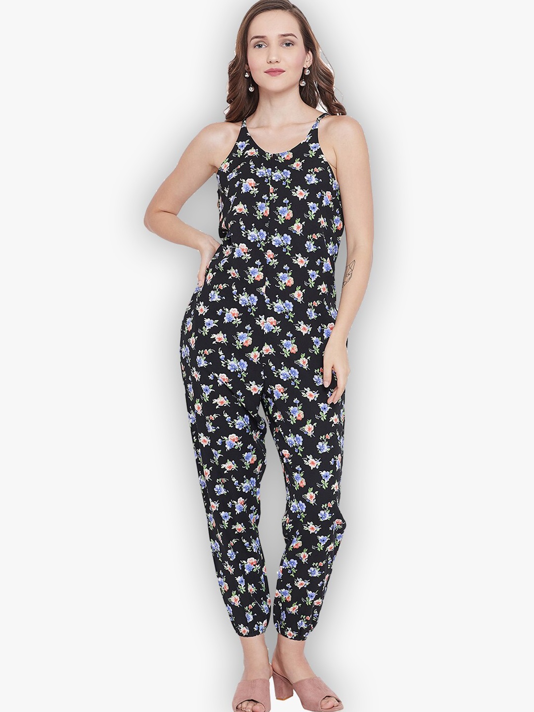 

CHILL WINSTON Floral Printed Shoulder Strapped Basic Jumpsuit, Black