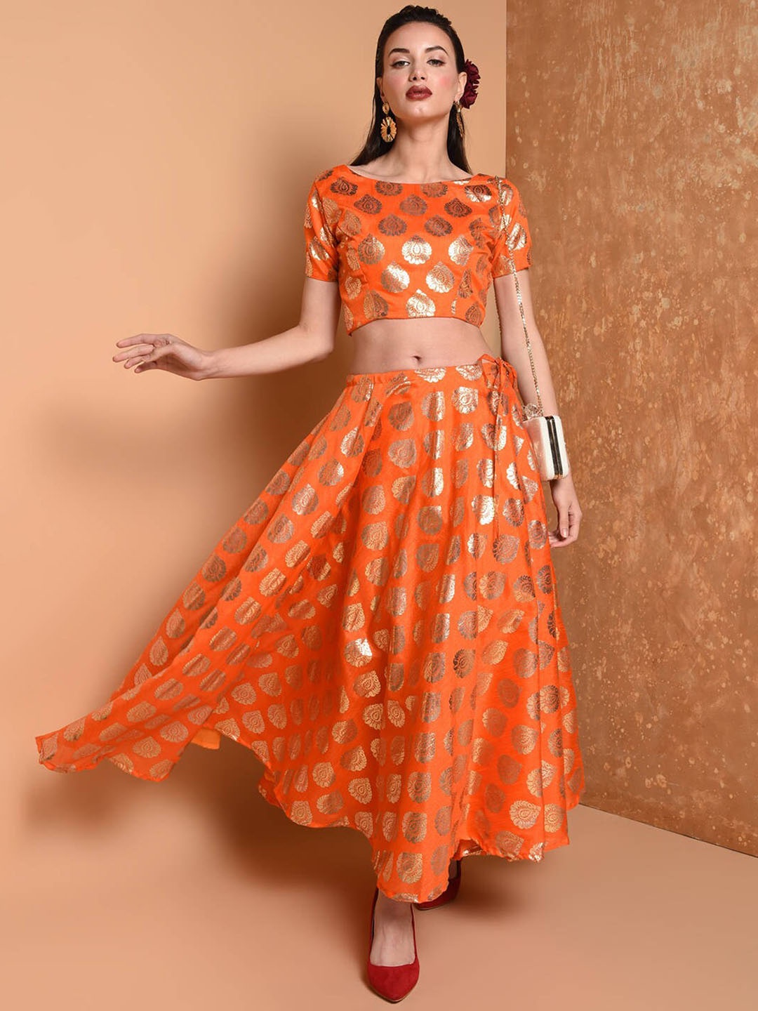 

KAANCHIE NANGGIA Ethnic Motifs Printed Ready to Wear Lehenga Choli, Orange