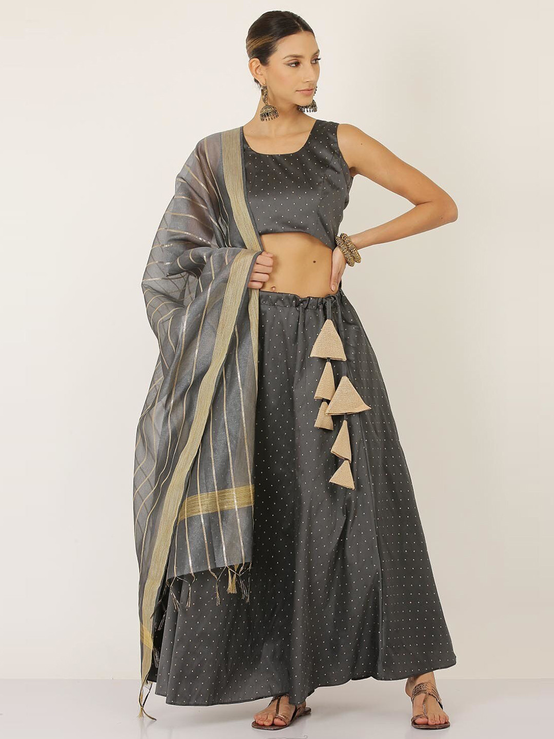 

KAANCHIE NANGGIA Geometric Printed Ready-to-Wear Lehenga Choli With Dupatta, Grey