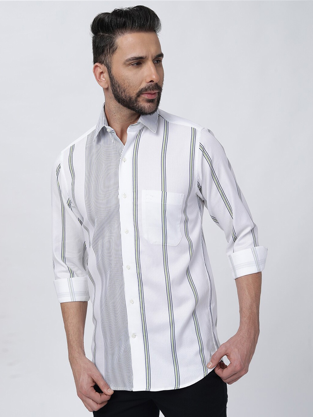 

FRENCH CROWN Standard Striped Cotton Casual Shirt, White