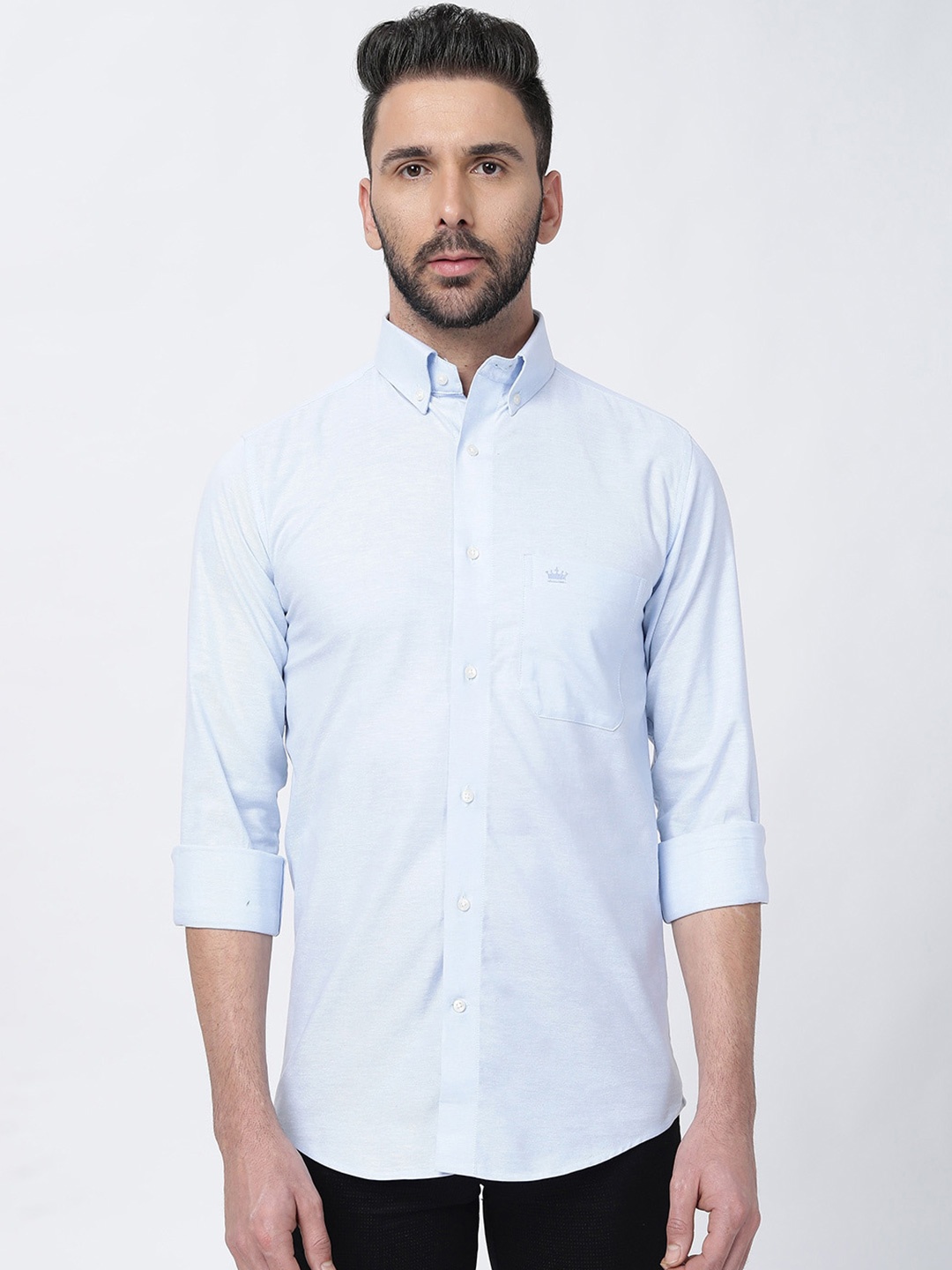 

FRENCH CROWN Standard Button Down Collar Twill Cotton Casual Shirt, Blue