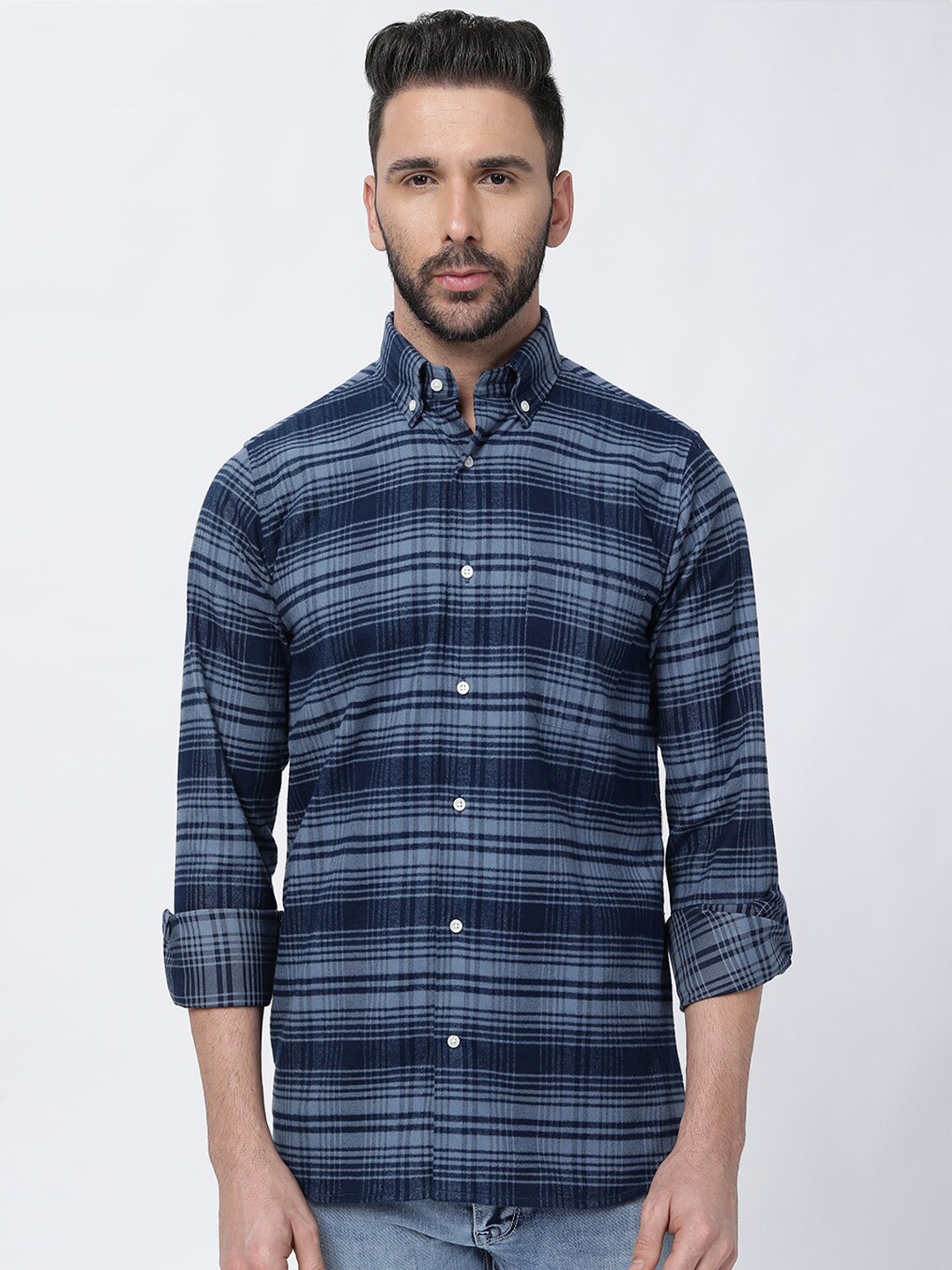 

FRENCH CROWN Standard Checked Cotton Casual Shirt, Blue