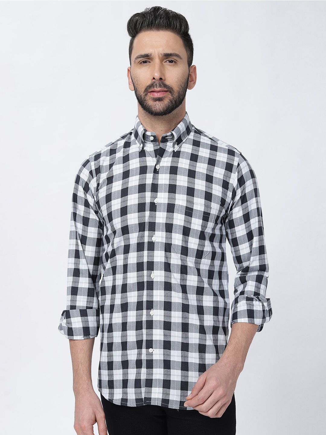 

FRENCH CROWN Standard Checked Casual Cotton Shirt, Black