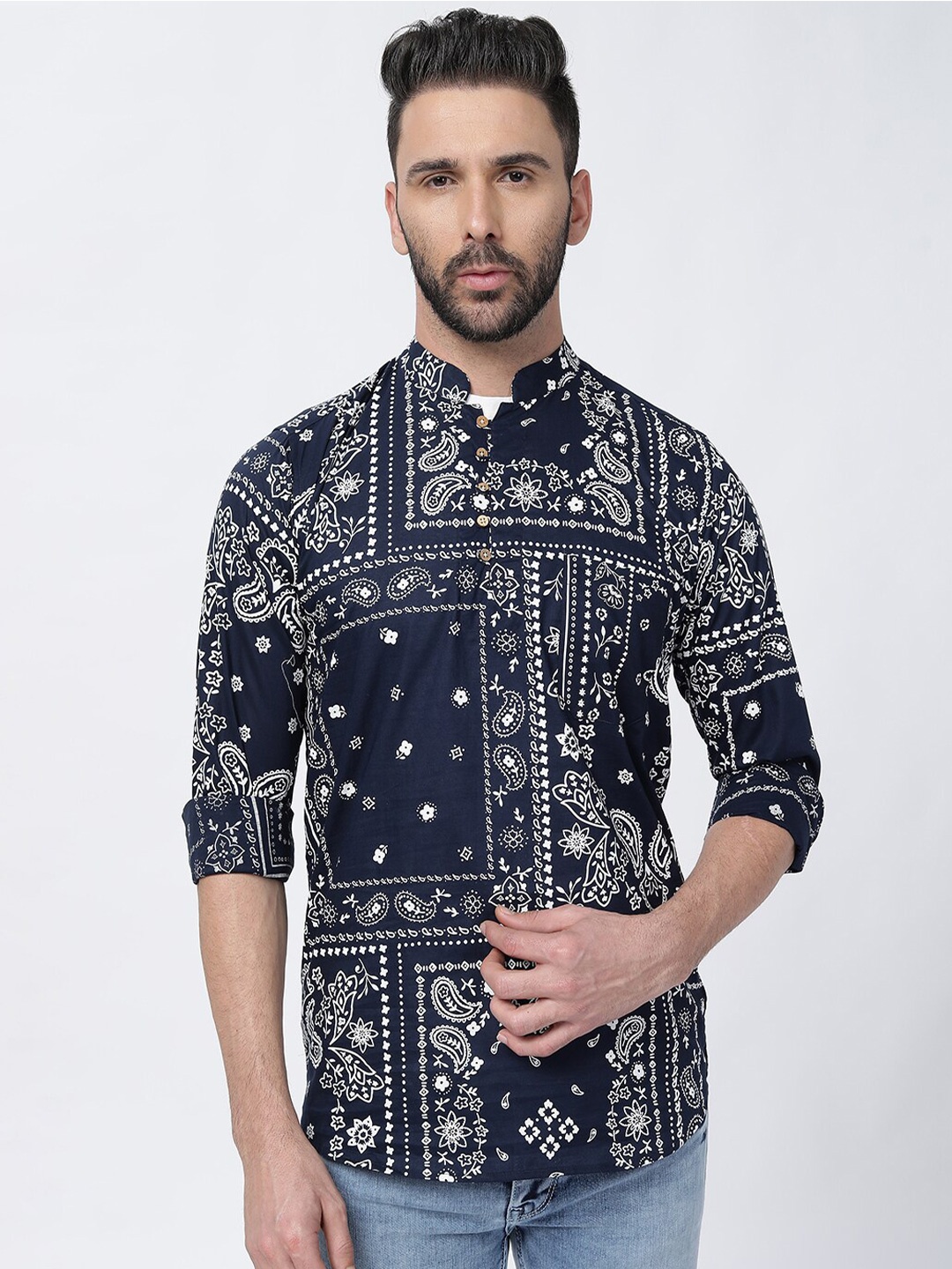 

FRENCH CROWN Standard Printed Cotton Casual Shirt, Blue