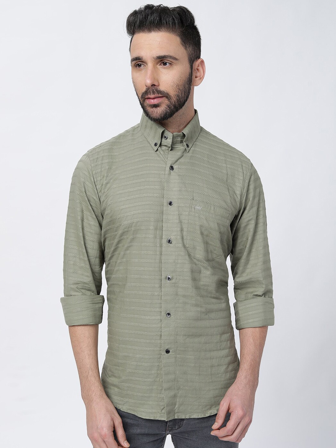 

FRENCH CROWN Standard Striped Cotton Casual Shirt, Green