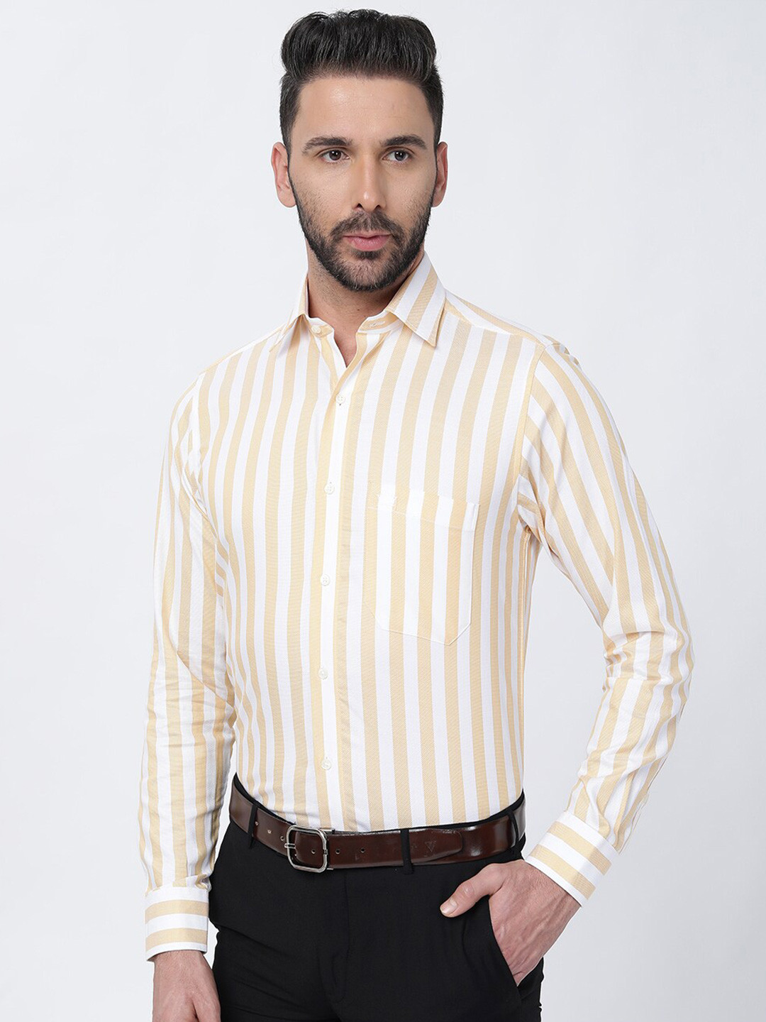 

FRENCH CROWN Standard Striped Cotton Casual Shirt, Brown