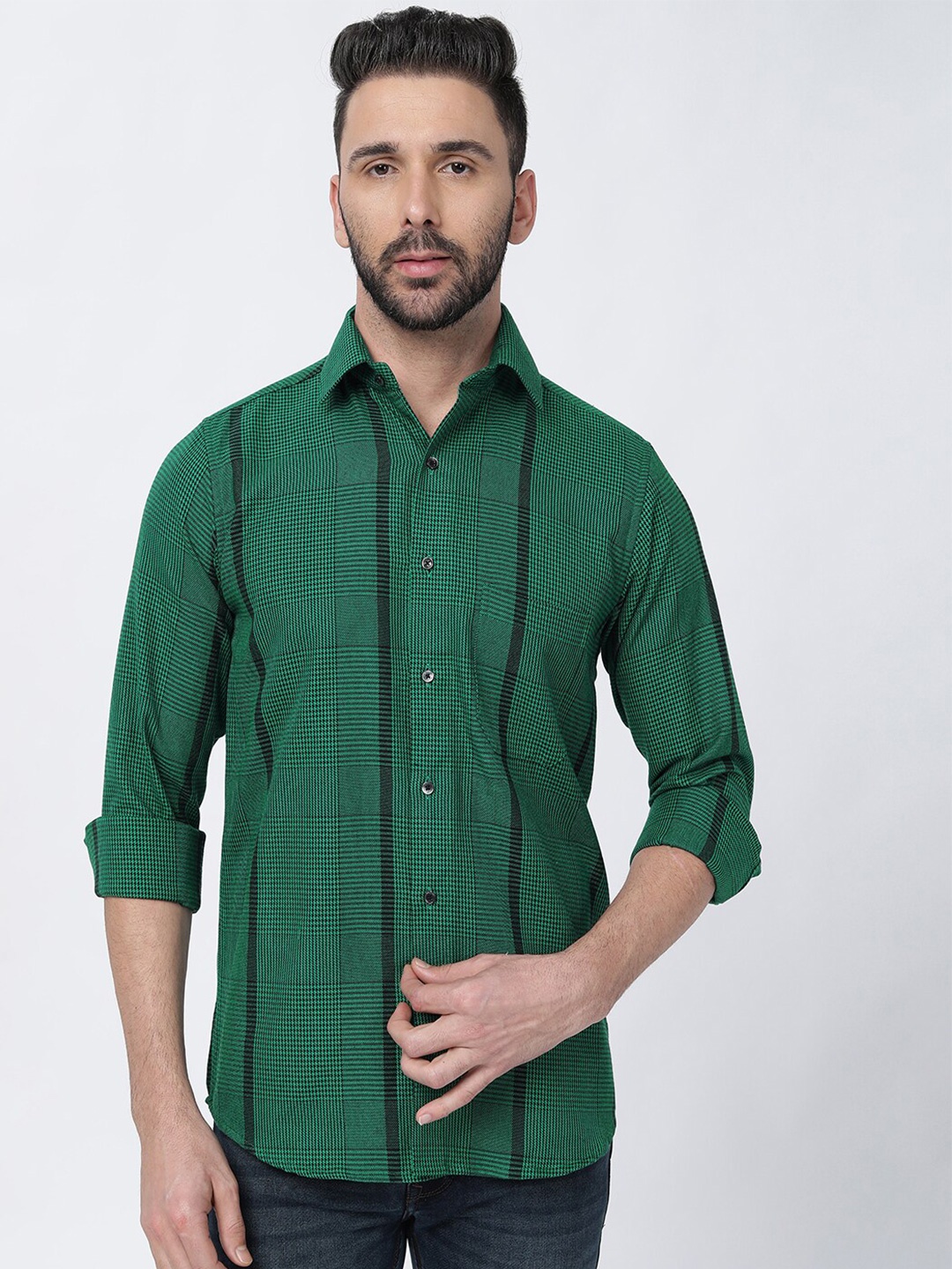 

FRENCH CROWN Standard Striped Cotton Casual Shirt, Green