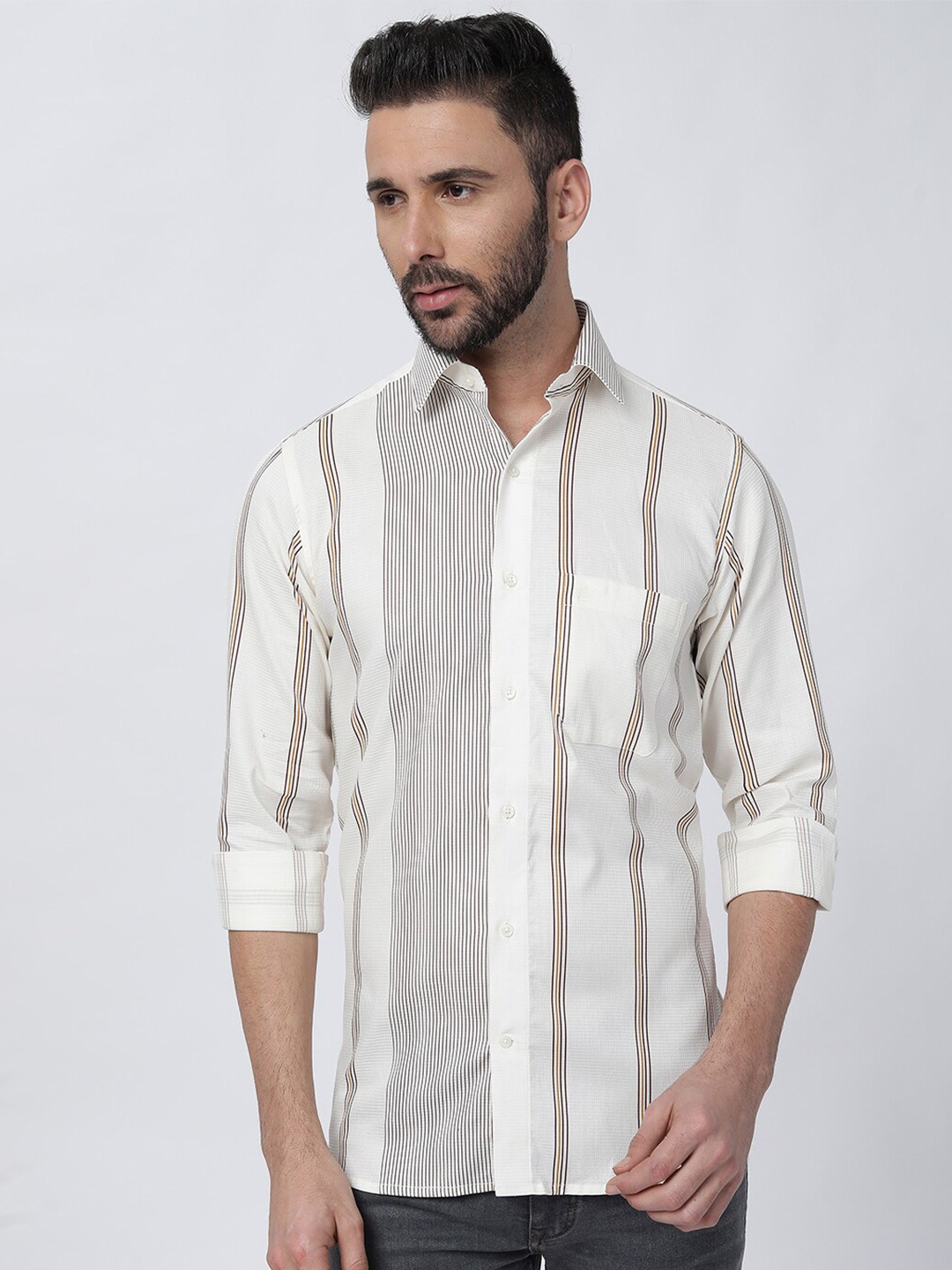 

FRENCH CROWN Standard Striped Cotton Casual Shirt, Cream