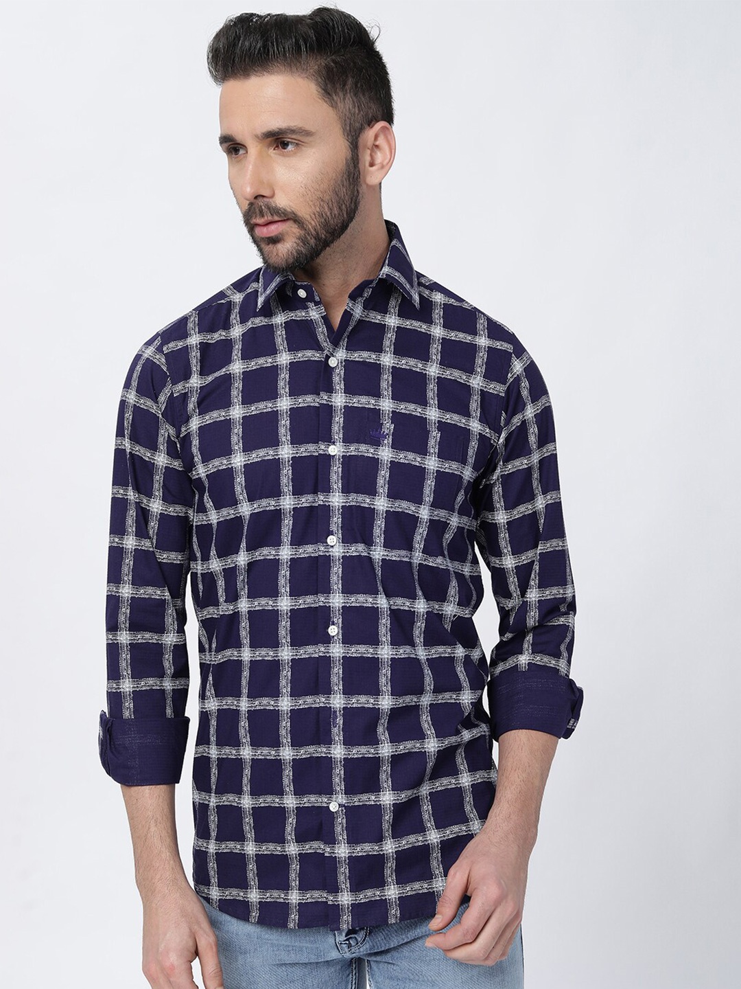 

FRENCH CROWN Standard Checked Casual Cotton Shirt, Blue