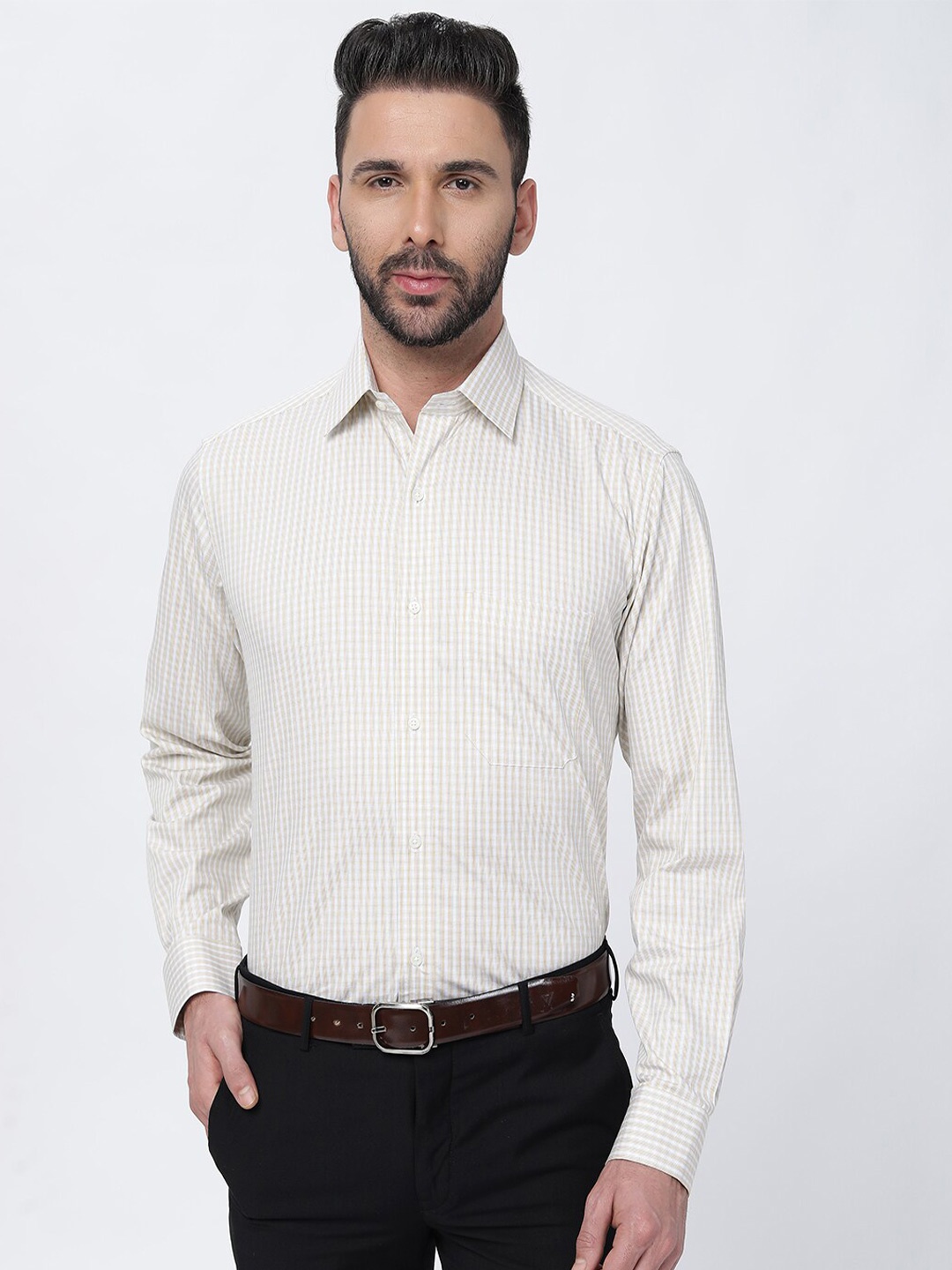 

FRENCH CROWN Standard Striped Cotton Casual Shirt, Cream