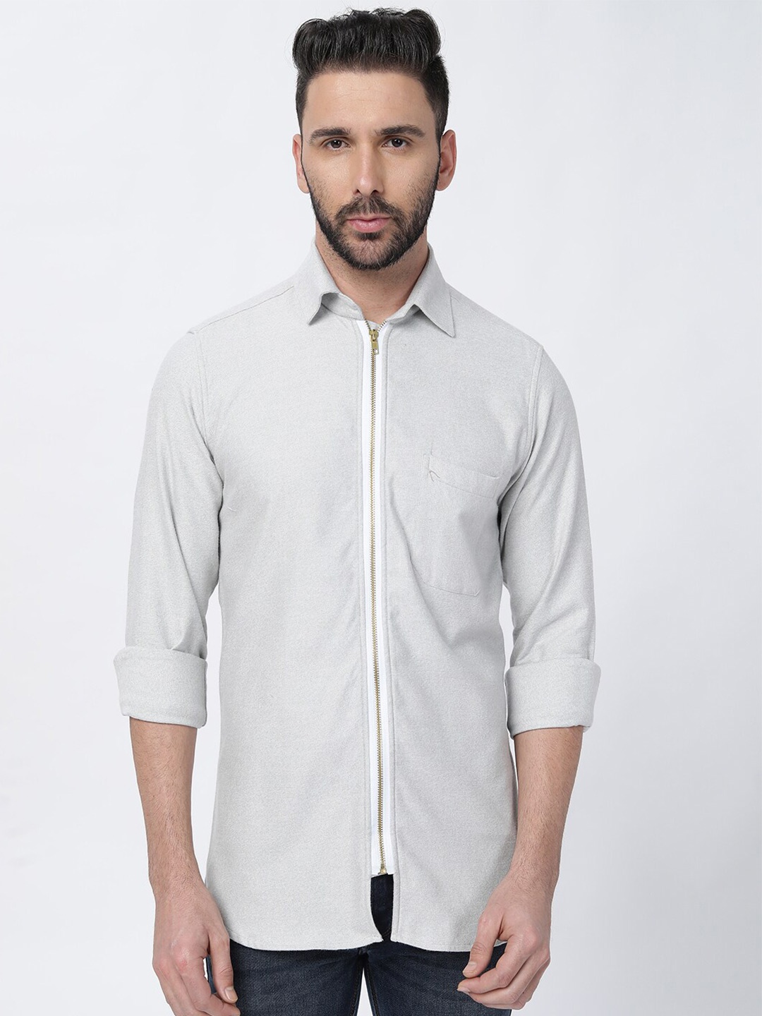 

FRENCH CROWN Standard Cotton Casual Shirt With Zipper, Off white
