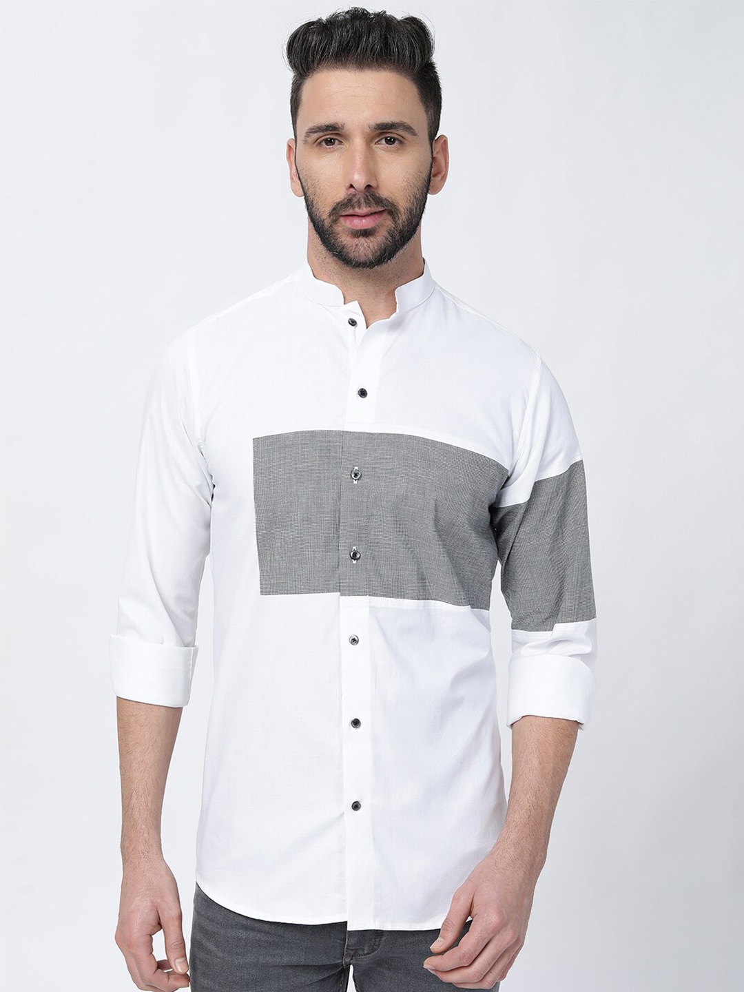 

FRENCH CROWN Standard Colourblocked Cotton Casual Shirt, White