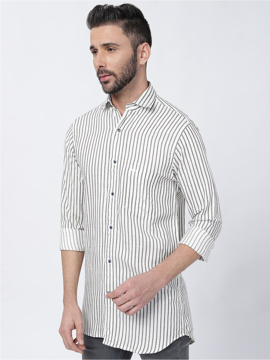 

FRENCH CROWN Standard Opaque Striped Cotton Casual Shirt, Off white