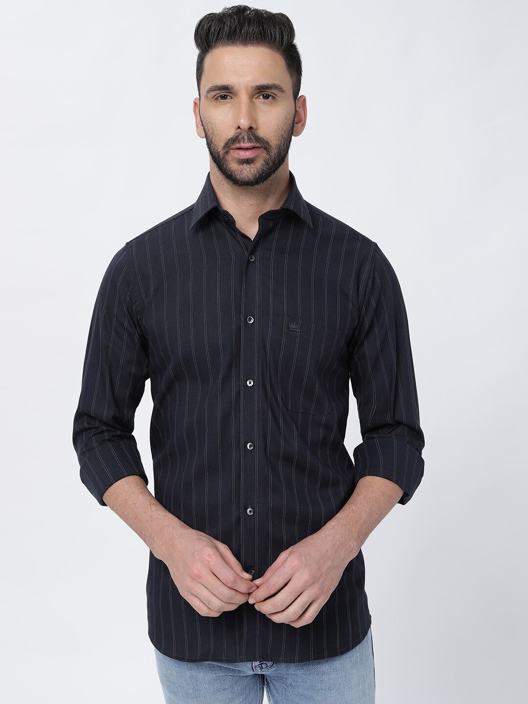 

FRENCH CROWN Standard Striped Cotton Casual Shirt, Black
