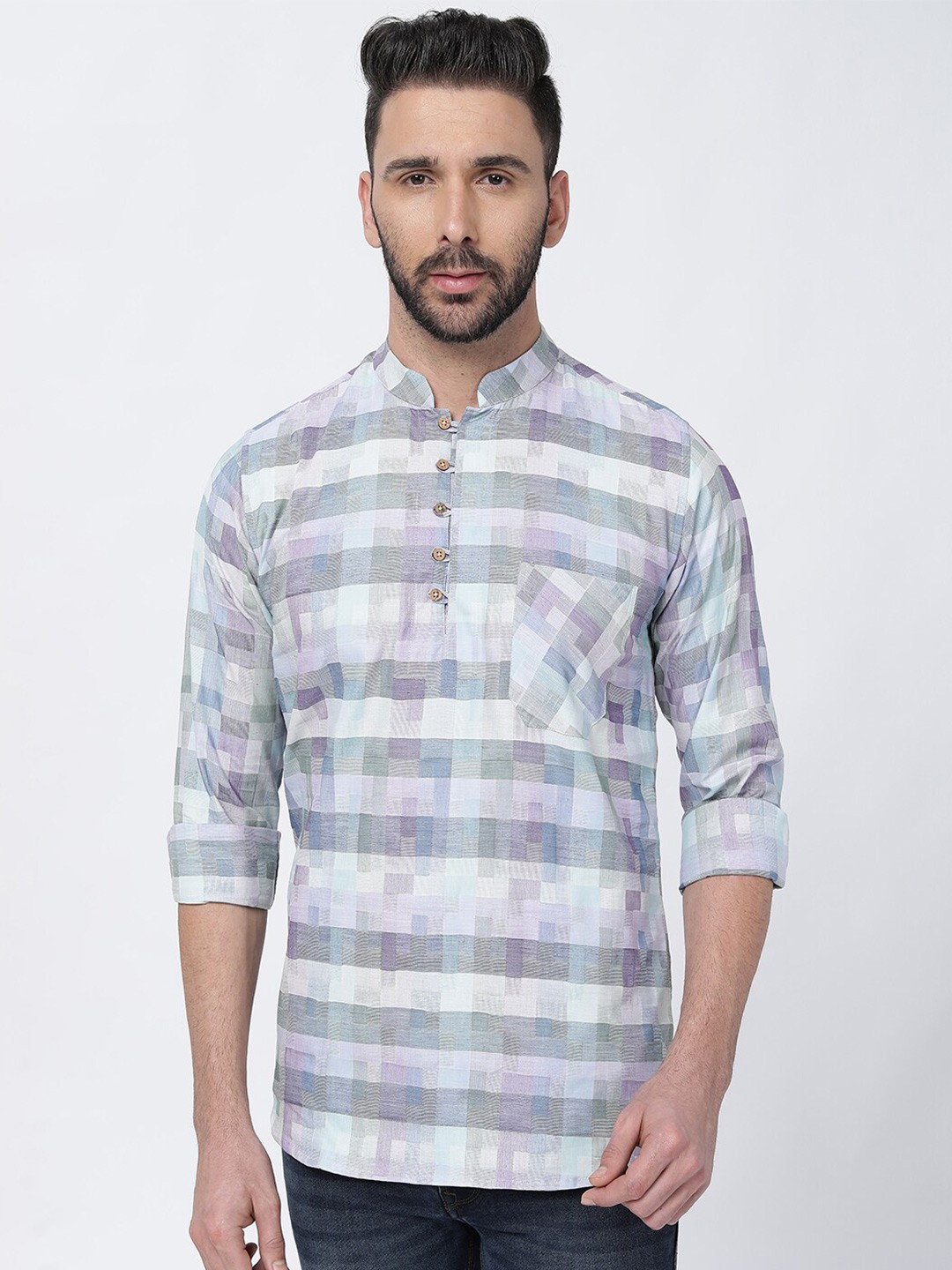 

FRENCH CROWN Mandarin Collar Standard Opaque Checked Casual Shirt, Grey