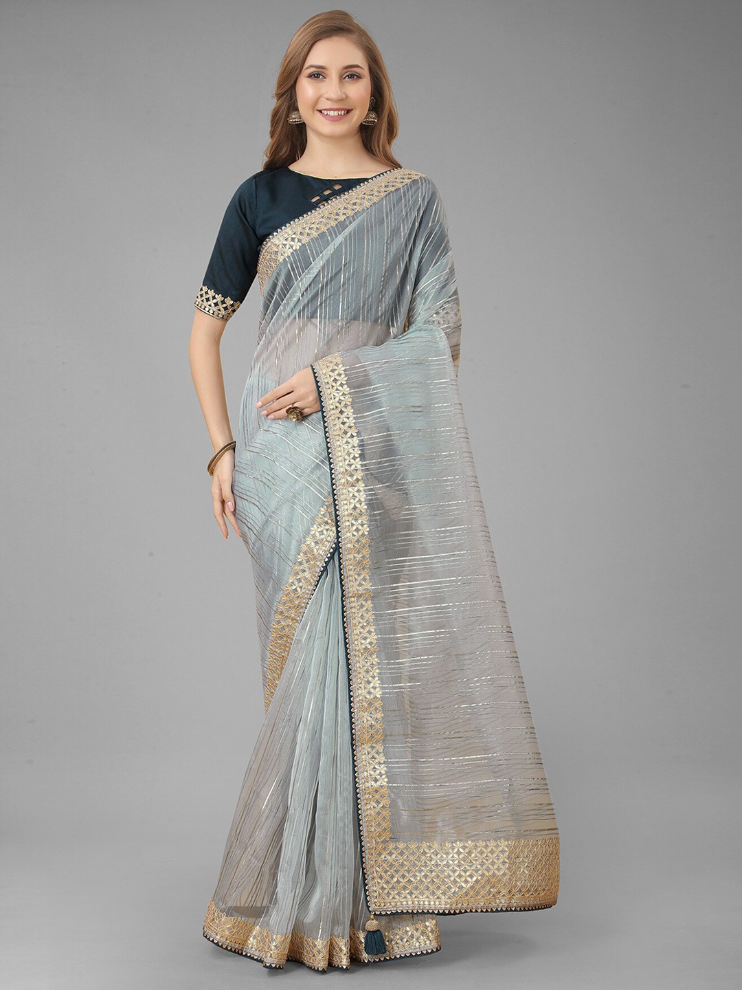 

N N ENTERPRISE Striped Embroidered Net Saree With Blouse Piece, Grey