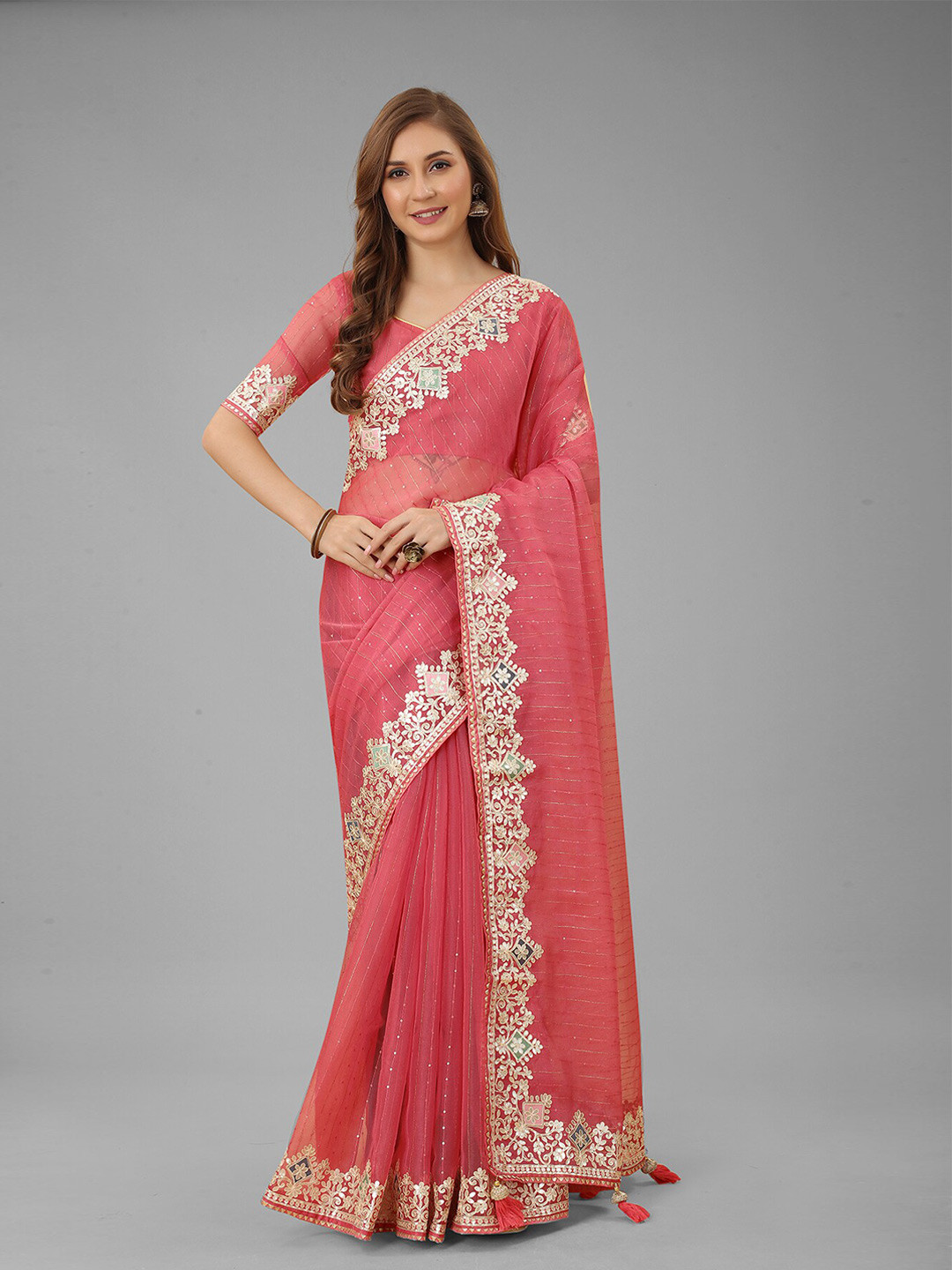 

N N ENTERPRISE Embellished Embroidered Net Saree With Blouse Piece, Rose