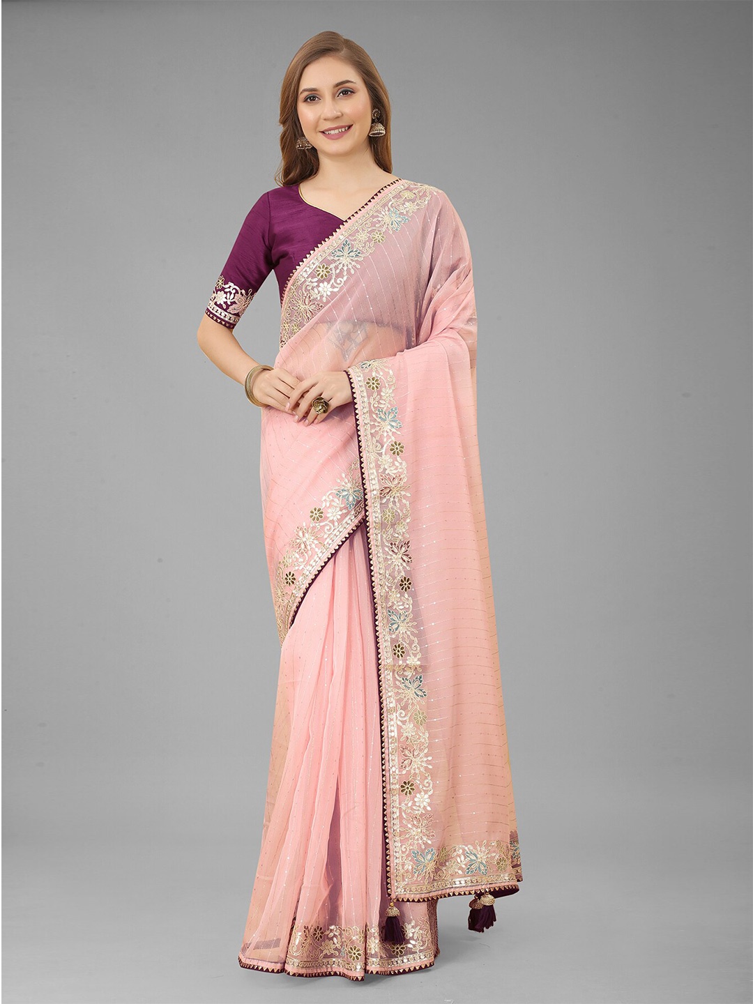 

N N ENTERPRISE Embellished Embroidered Net Saree With Blouse Piece, Pink