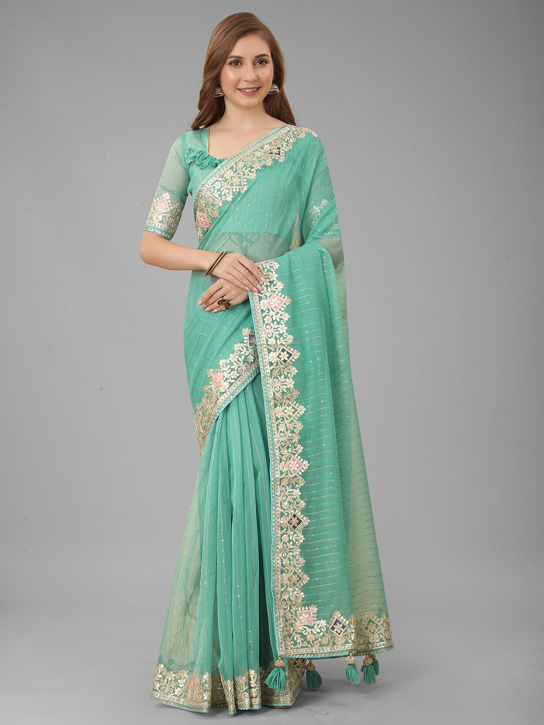 

N N ENTERPRISE Embellished Embroidered Net Saree With Blouse Piece, Turquoise blue