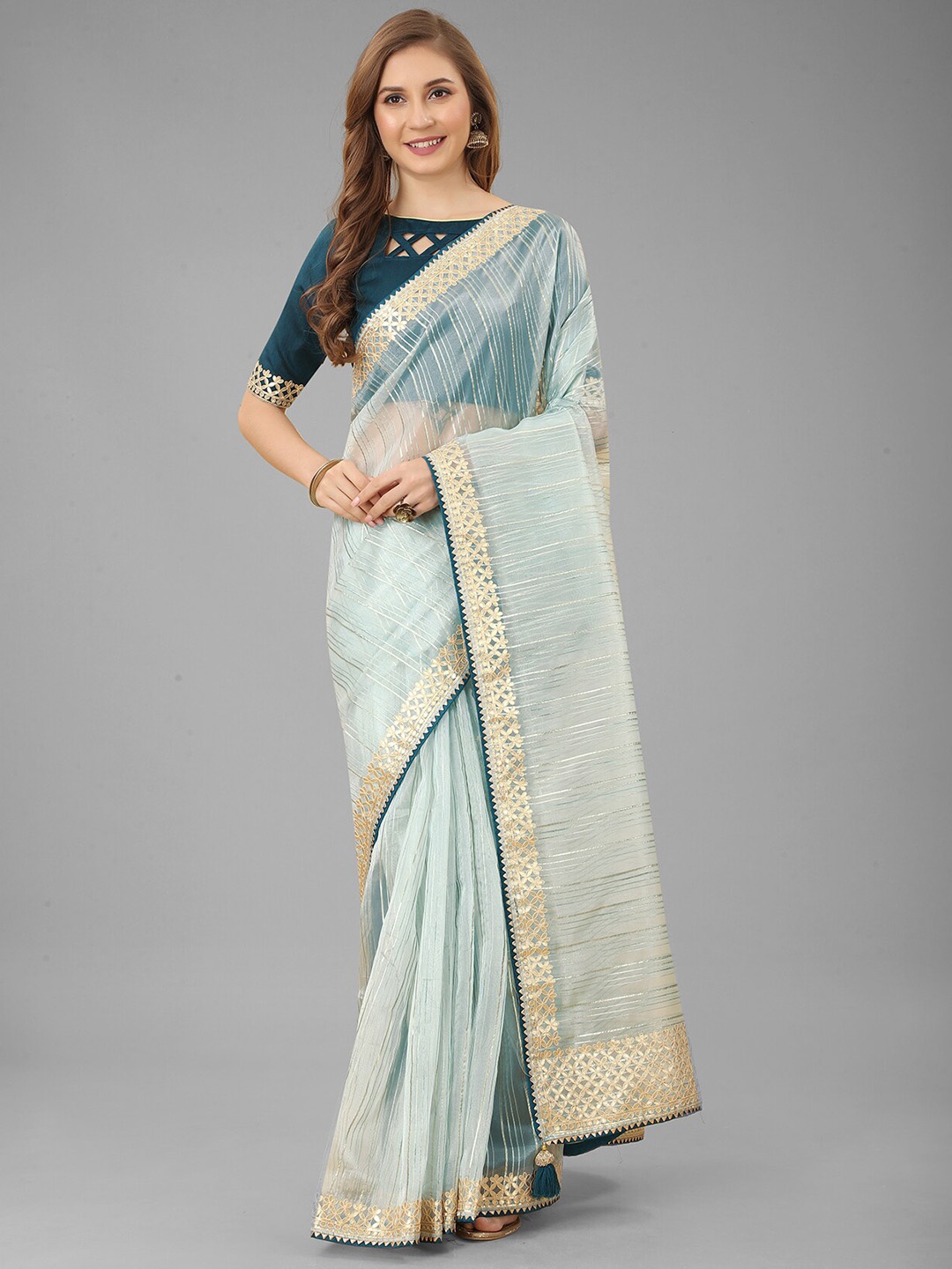 

N N ENTERPRISE Striped Embroidered Net Saree With Blouse Piece, Blue