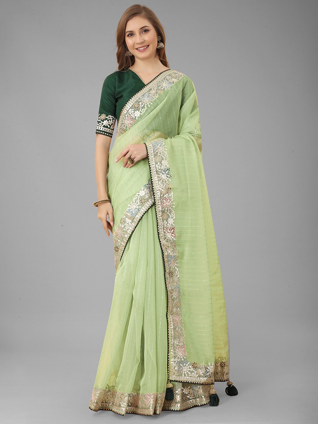 

N N ENTERPRISE Embellished Embroidered Net Saree With Blouse Piece, Olive