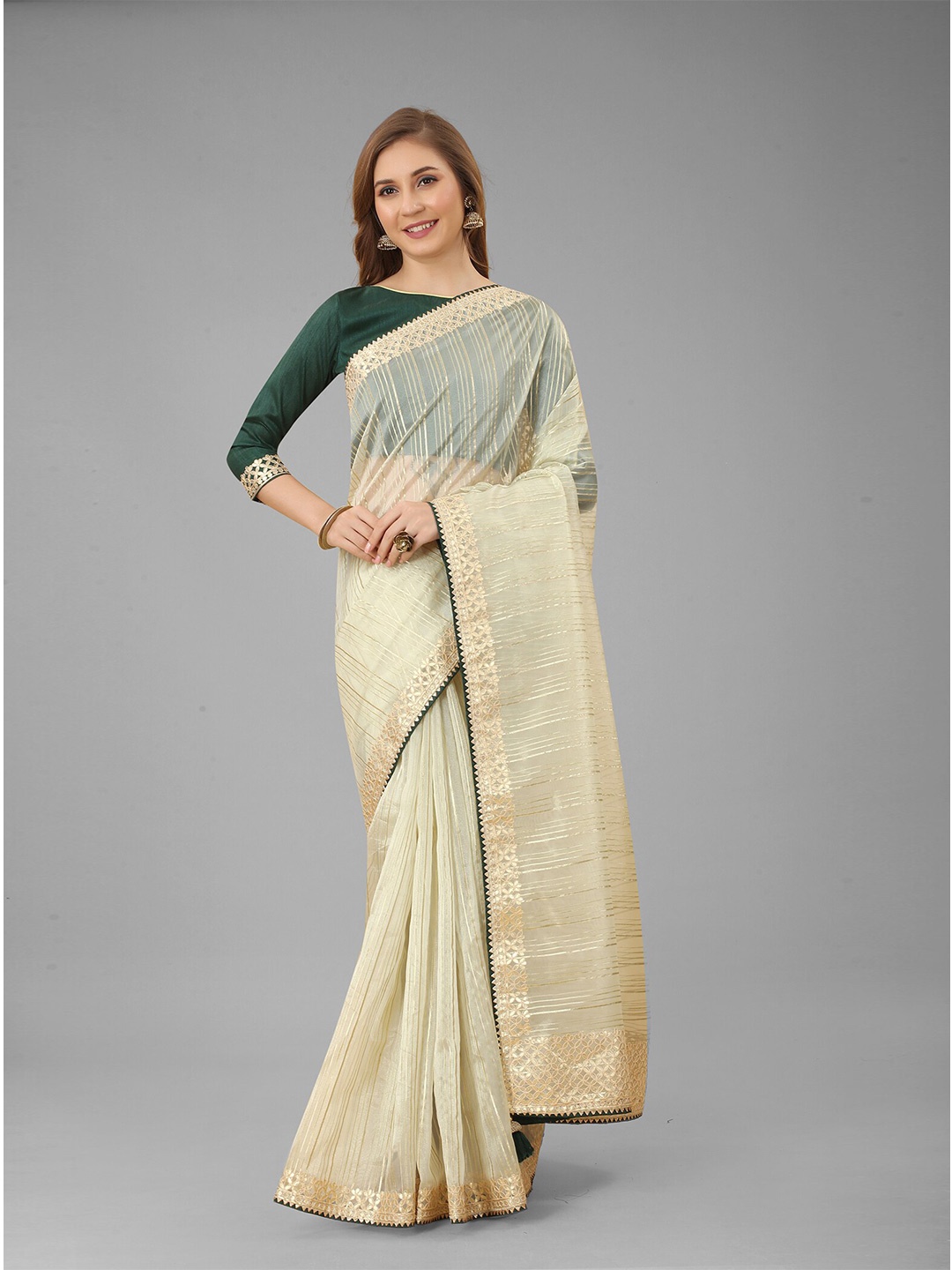 

N N ENTERPRISE Striped Embroidered Net Saree With Blouse Piece, Cream