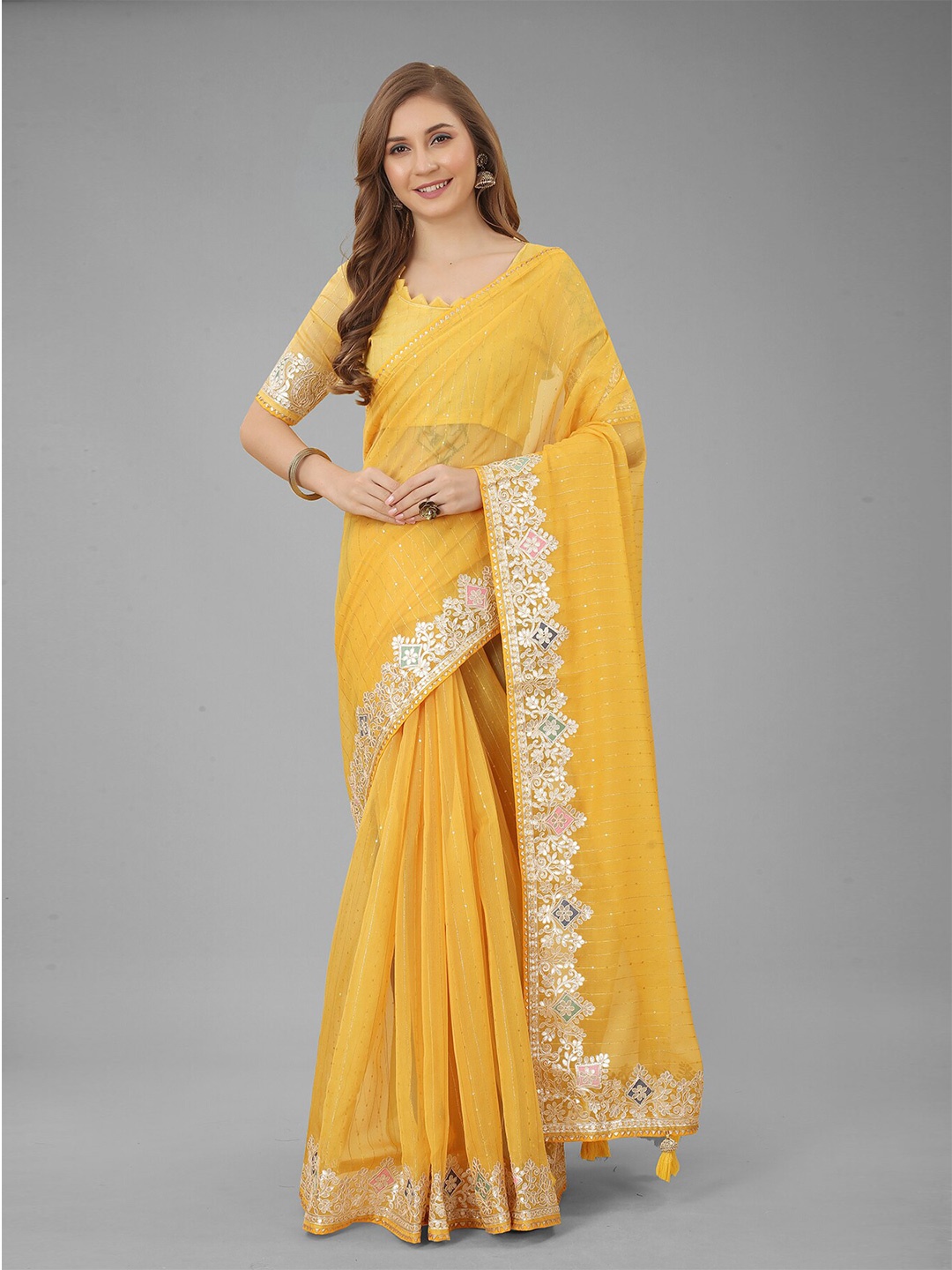 

N N ENTERPRISE Embellished Embroidered Net Saree With Blouse Piece, Yellow