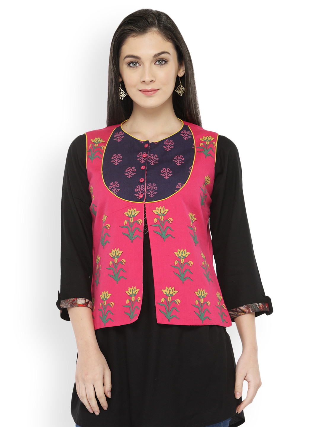 

Bitterlime Pink Block Print Pure Cotton Waistcoat