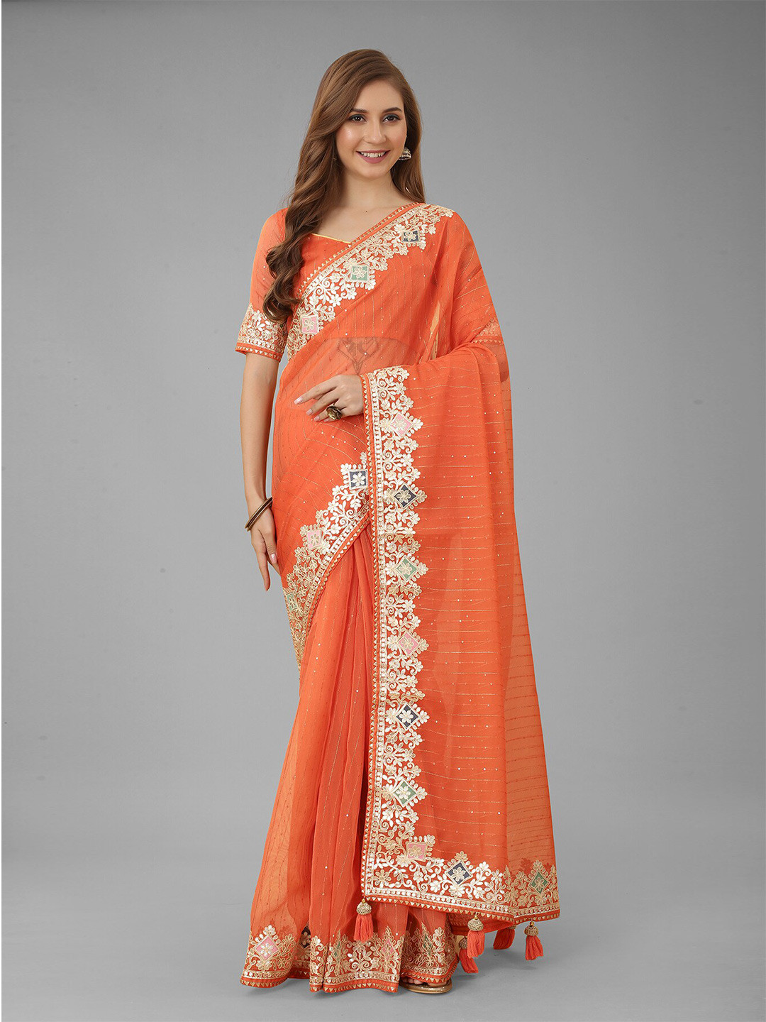 

N N ENTERPRISE Embellished Embroidered Net Saree With Blouse Piece, Orange