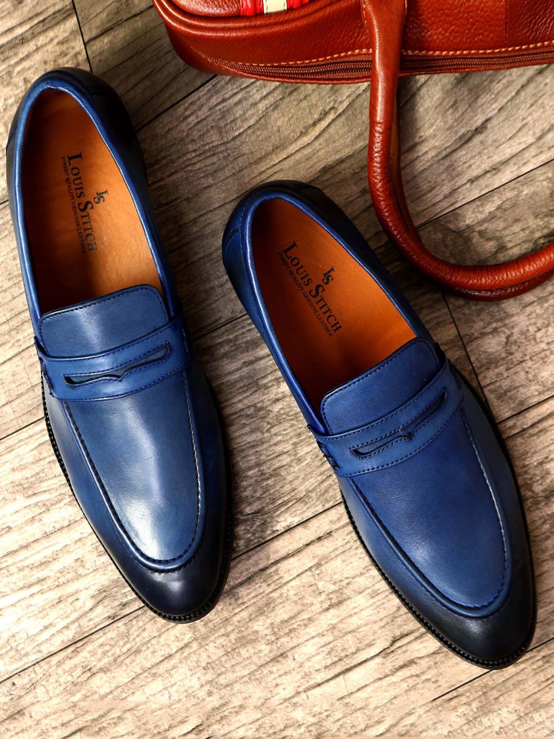 

LOUIS STITCH Men Italian Leather Formal Penny Loafers, Blue