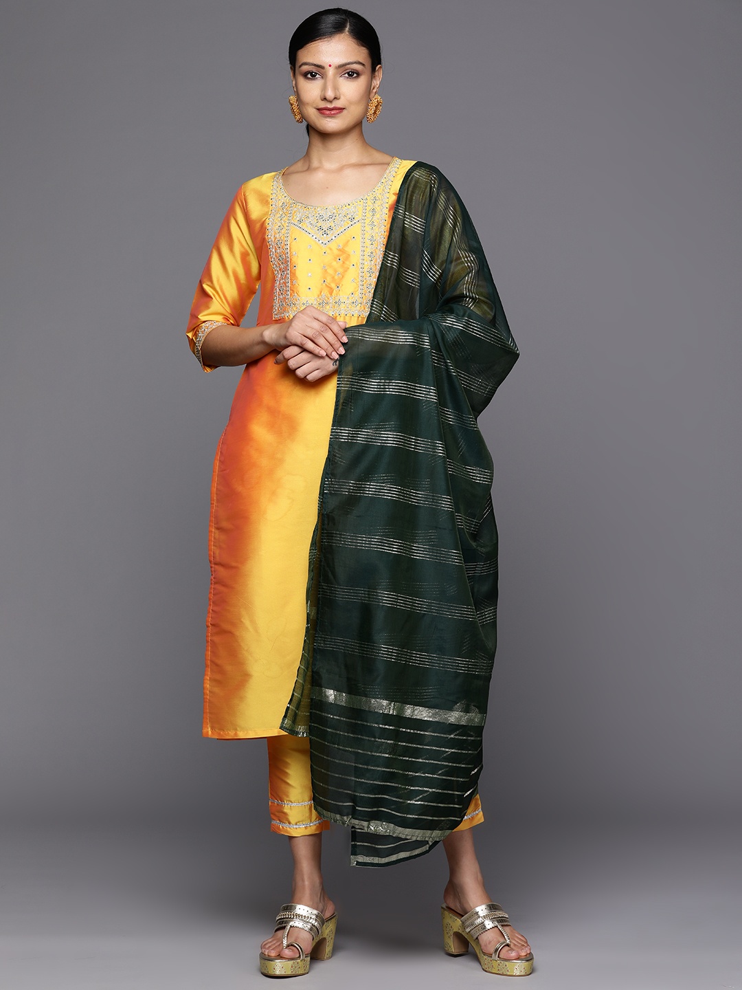 

Libas Ethnic Motifs Yoke Design Zari Kurta With Trousers & Dupatta, Yellow