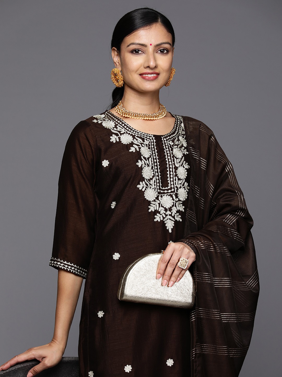 

Libas Floral Embroidered Zari Kurta With Trousers & Dupatta, Brown