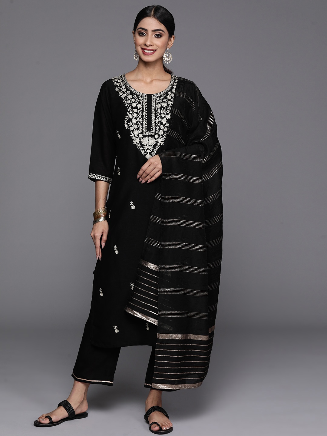 

Libas Floral Embroidered Zari Kurta with Trousers & With Dupatta, Black