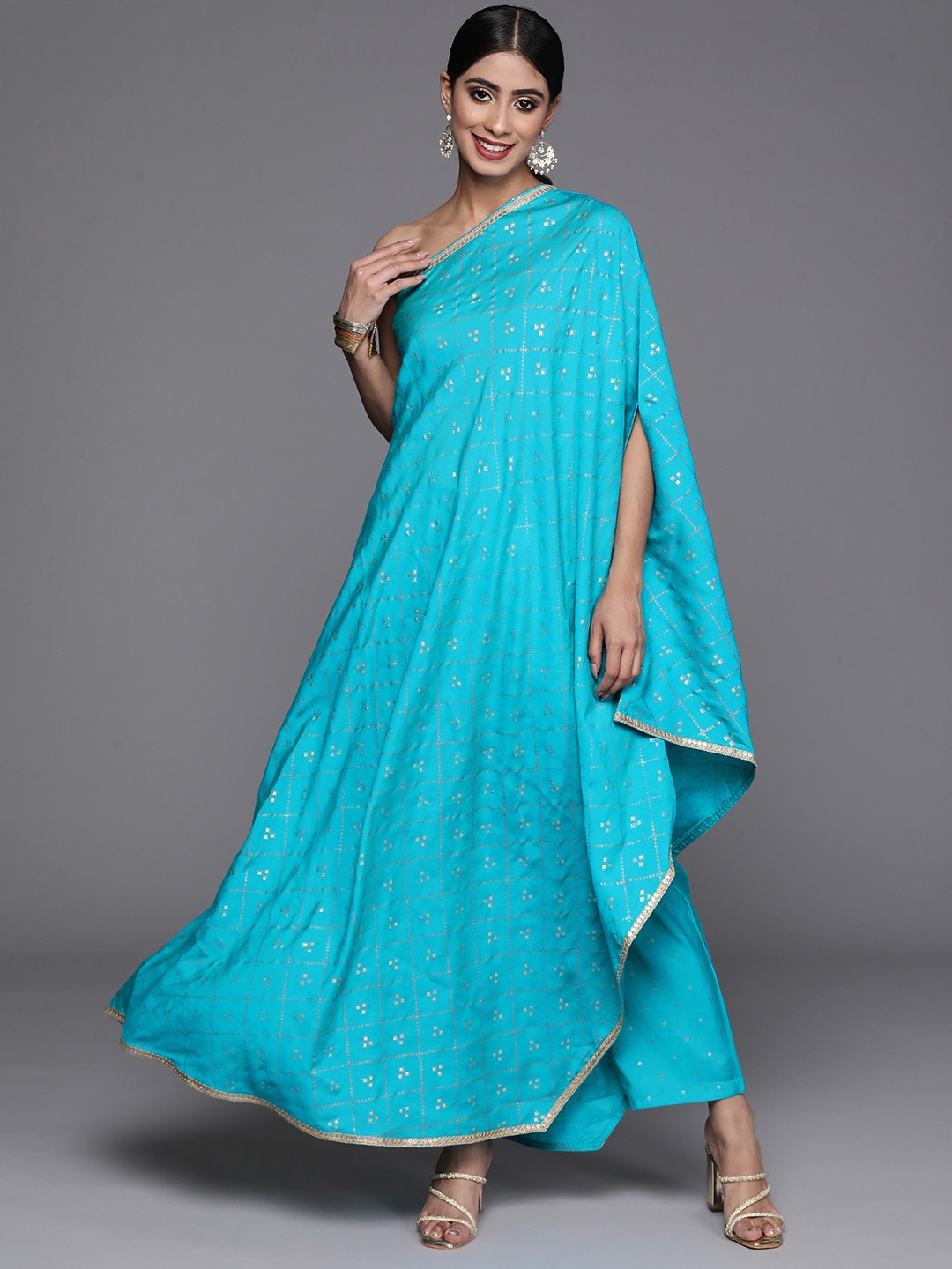 

Libas Printed Sequinned One Shoulder Kaftan Fusion Kurta With Trousers, Turquoise blue