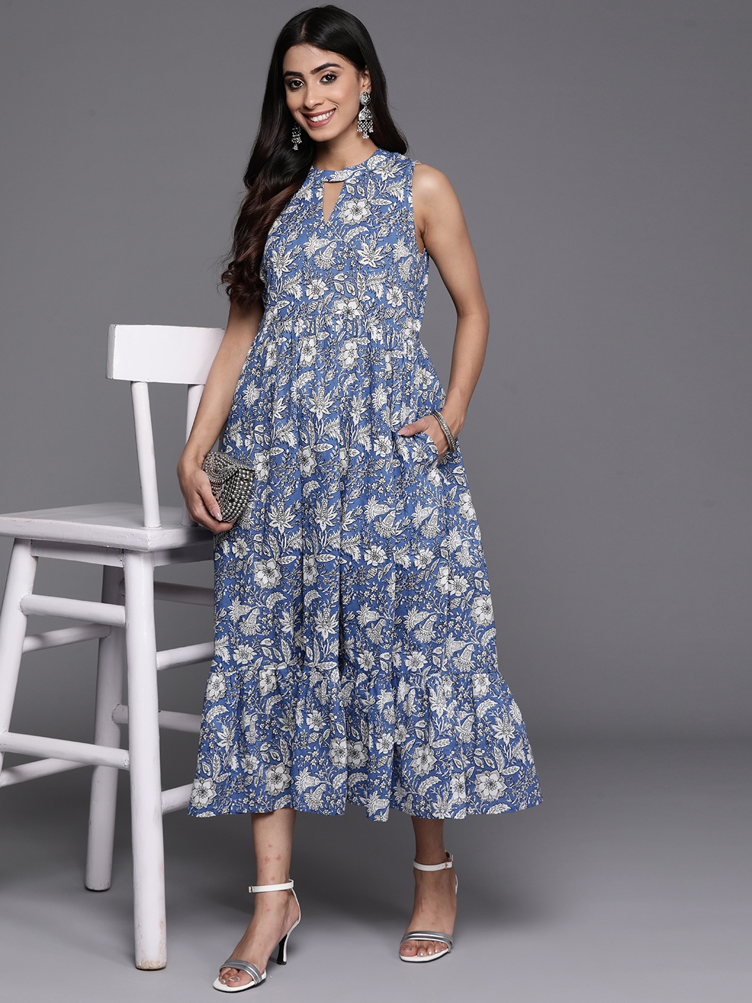 

Libas Floral Print Keyhole Neck Fit & Flare Midi Ethnic Dress, Blue