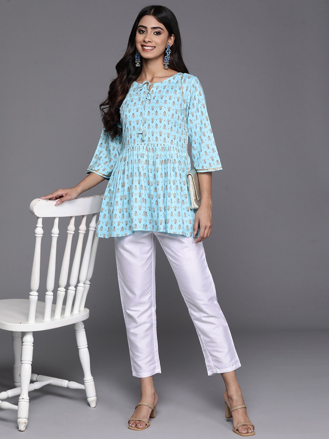 

Libas Ethnic Motifs Printed Flared Sleeves Pleated Kurti, Blue