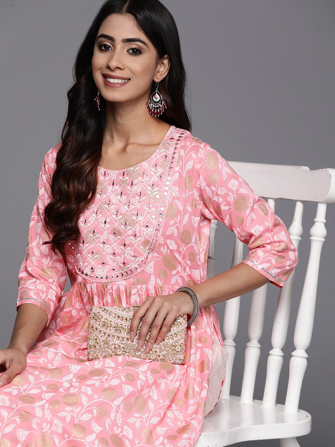 

Libas Floral Yoke Design Mirror Work Kurta, Pink