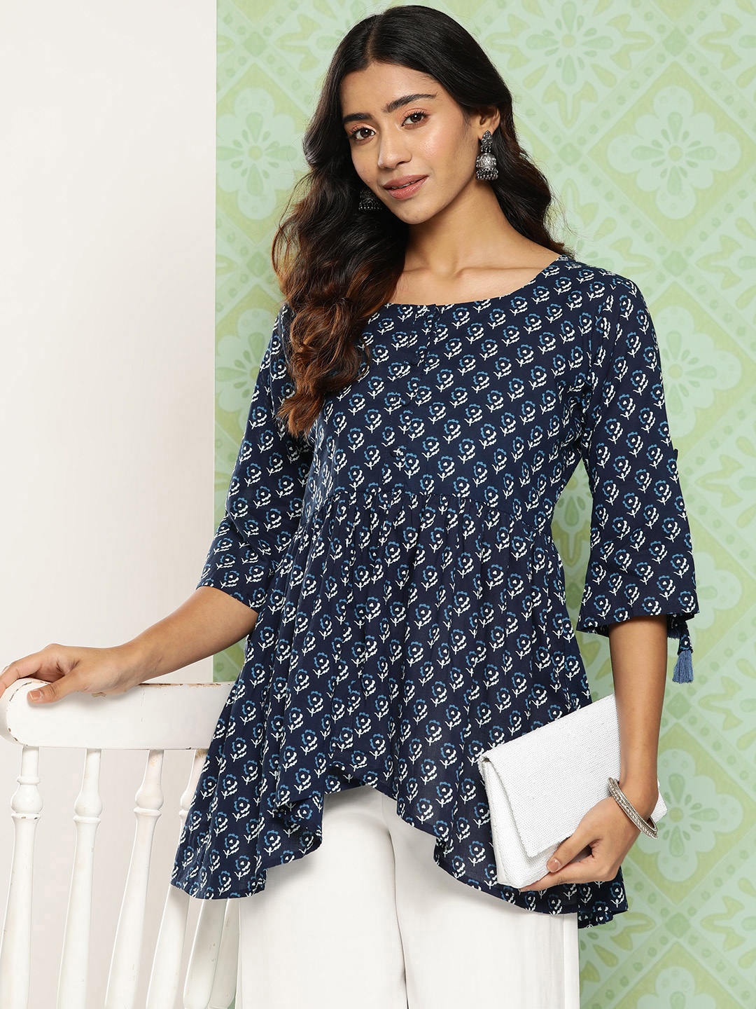 

Libas Navy Floral Printed Flared Sleeves Pure Cotton Pleated Kurti, Navy blue