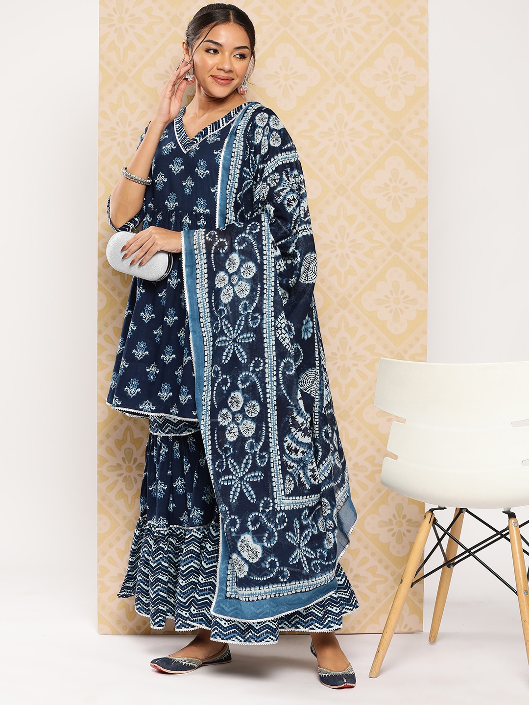 

Libas Floral Printed Pleated Gotta Patti Pure Cotton Kurti With Sharara & Dupatta, Navy blue