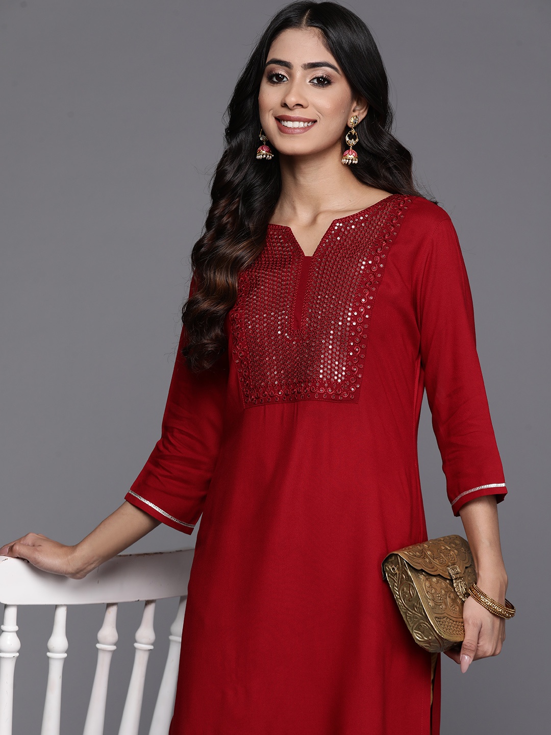 

Libas Yoke Design Sequinned Kurta, Maroon