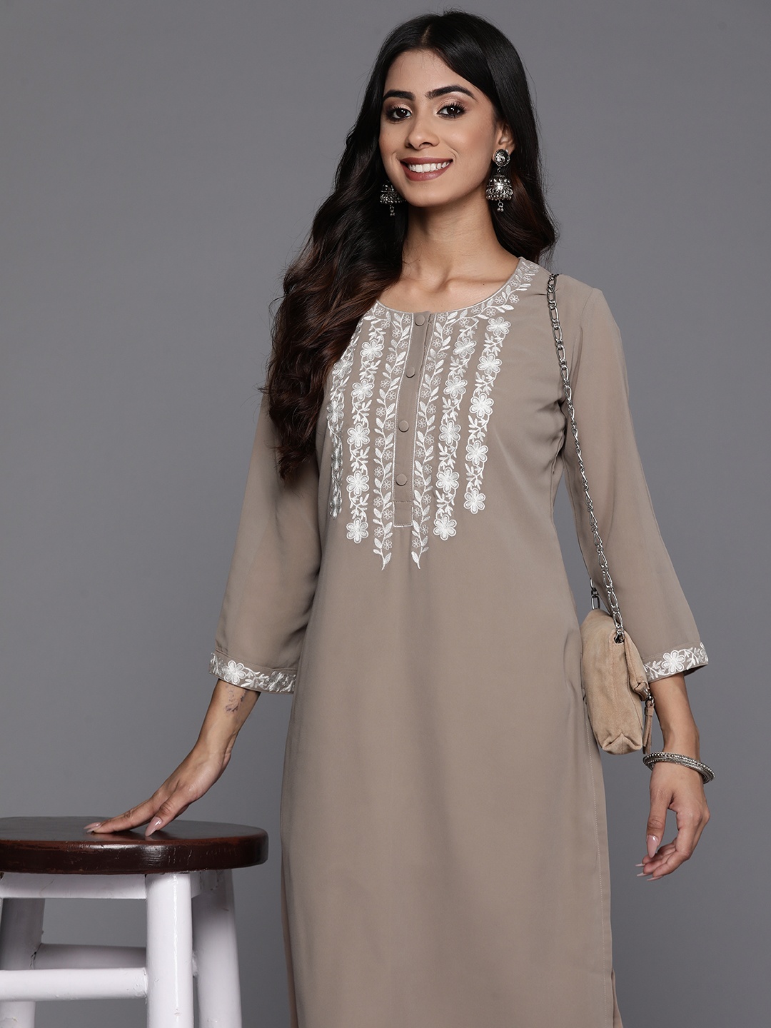 

Libas Floral Embroidered Thread Work Pure Georgette Kurta, Taupe