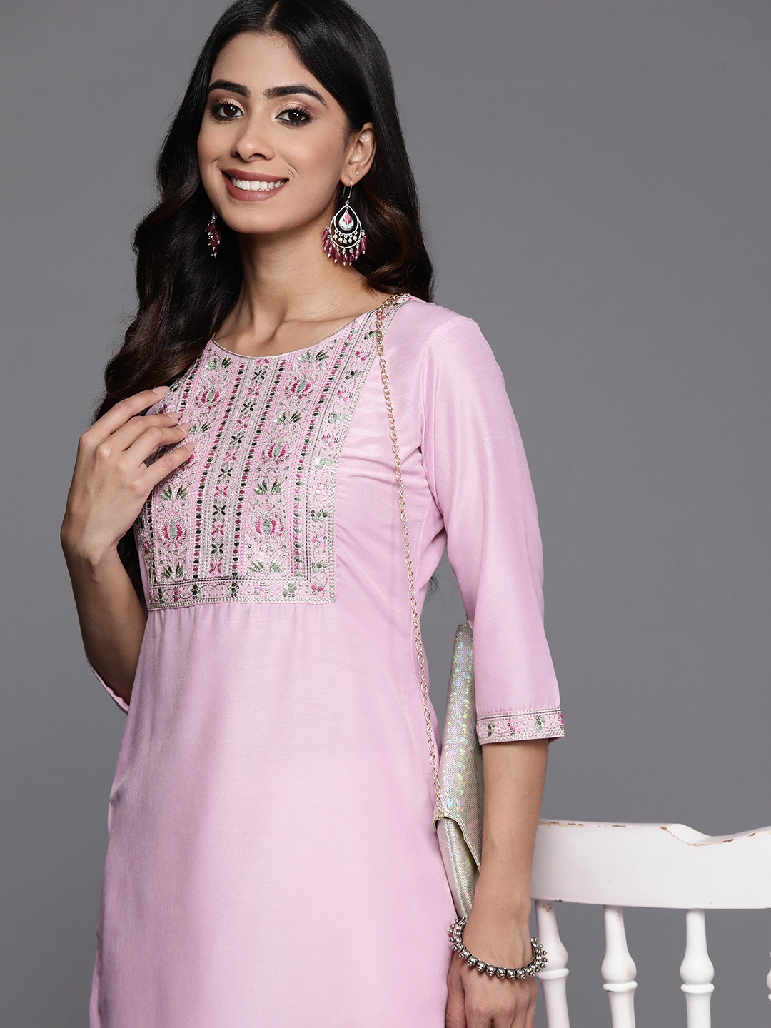 

Libas Floral Yoke Design Sequinned Kurta, Pink