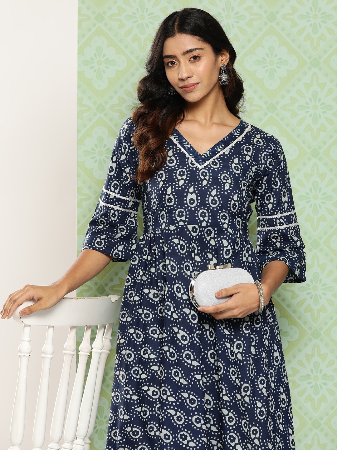 

Libas Paisley Printed Gotta Patti Anarkali Pure Cotton Kurta, Navy blue