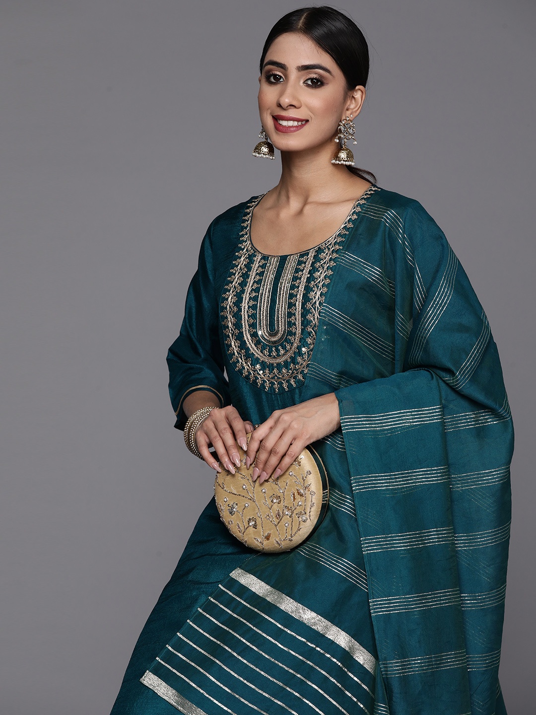 

Libas Ethnic Motifs Yoke Design Zari Kurta With Salwar & Dupatta, Teal