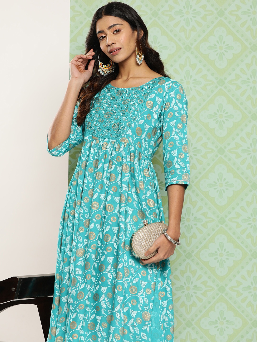 

Libas Floral Printed Thread Work Kurta, Turquoise blue