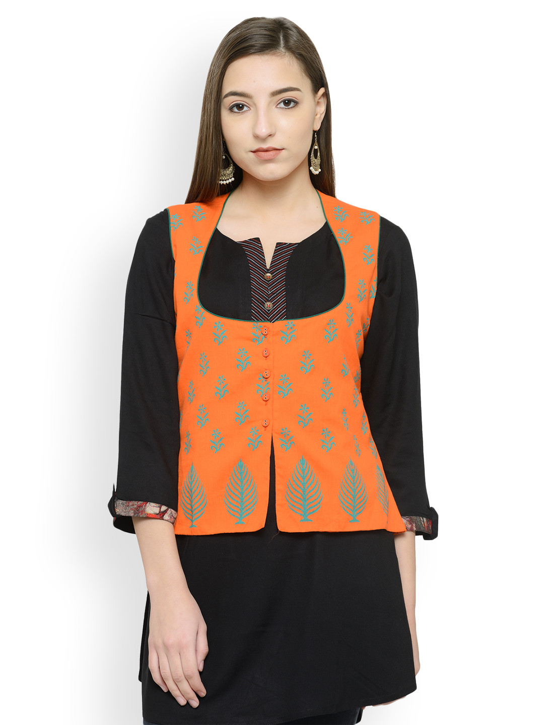 

Bitterlime Orange Block Print Waistcoat