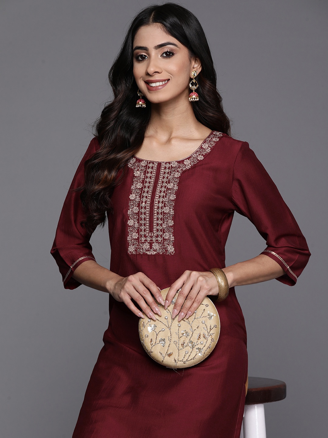 

Libas Yoke Design Sequinned Kurta, Maroon