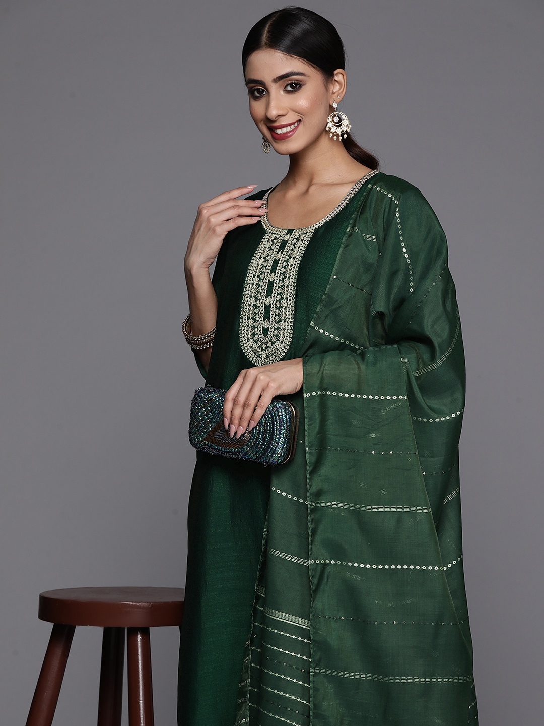 

Libas Ethnic Motifs Yoke Design Zari Kurta With Trousers & Dupatta, Green