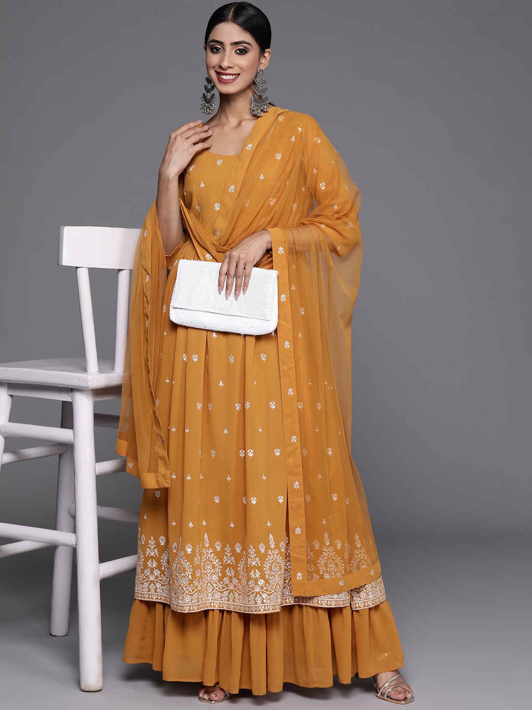 

Libas Floral Printed High Slit Georgette Kurta With Sharara & Dupatta, Mustard